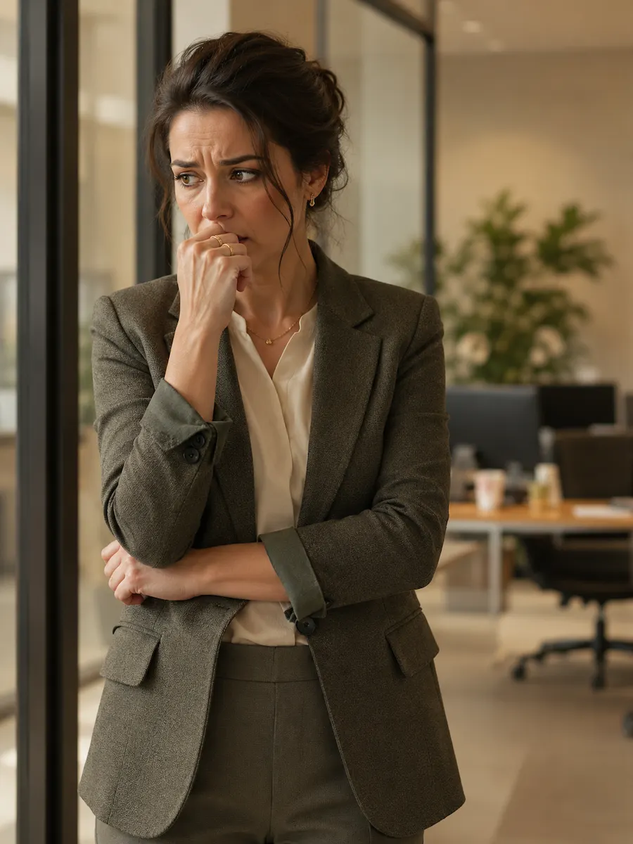 Mulher sentindo ansiedade em um ambiente de trabalho