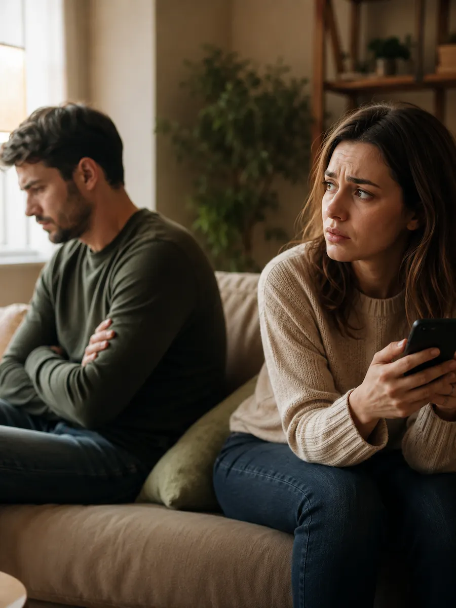 Mulher insegura ao lado do parceiro emocionalmente distante