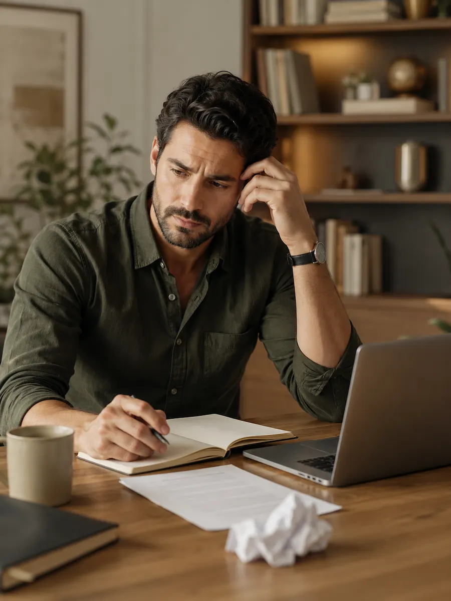 Homem frustrado tentando desenvolver um projeto no escritórios