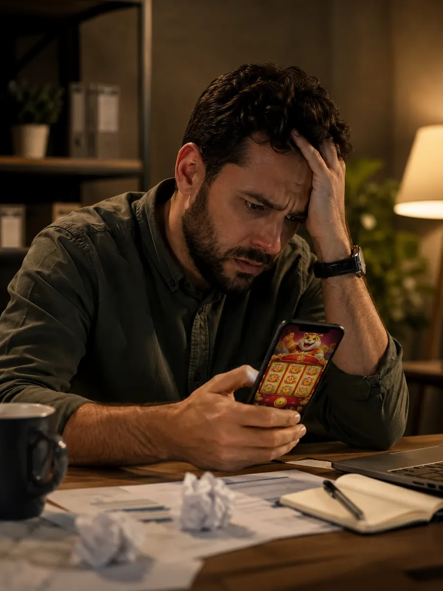 Homem angustiado olhando um aplicativo de apostas no celular