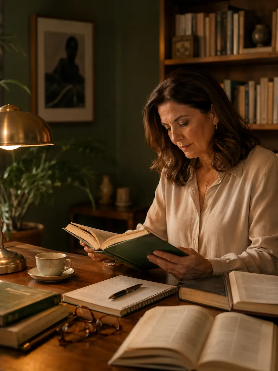 Mulher estudando Psicanálise em uma mesa com livros