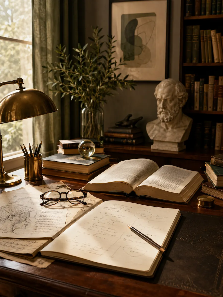 MEsa com livros e busto de filósofo